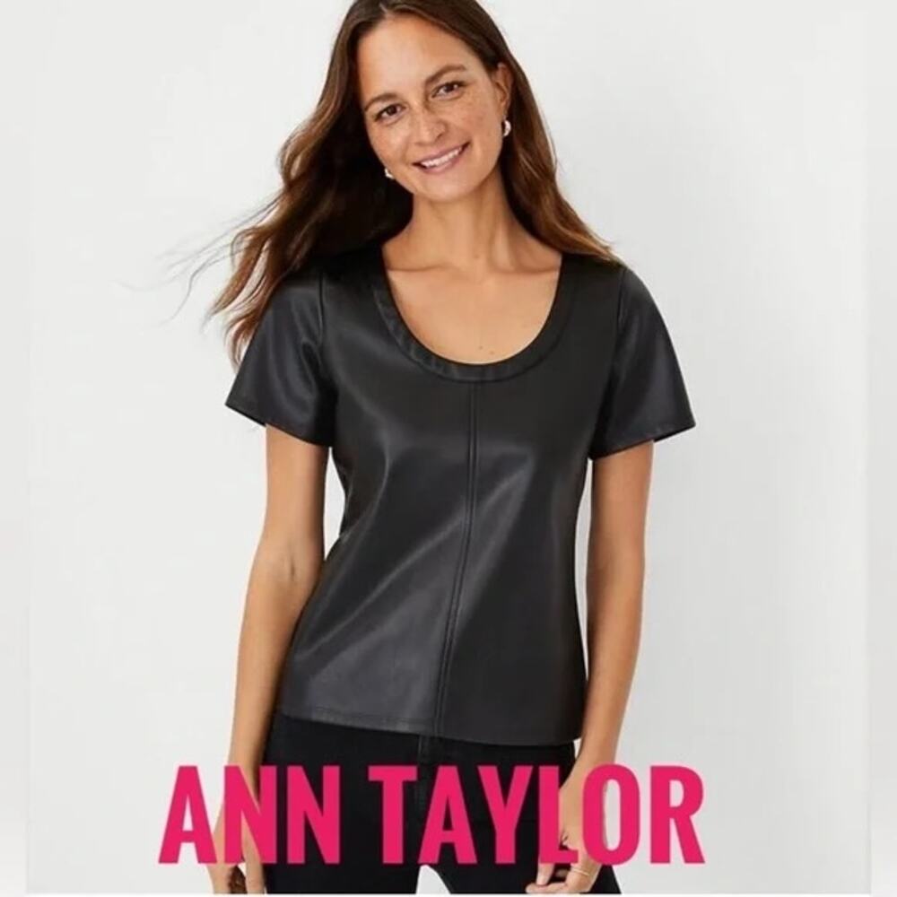 Ann Taylor Women's Faux Leather T Shirt Black Top Petite Size XS